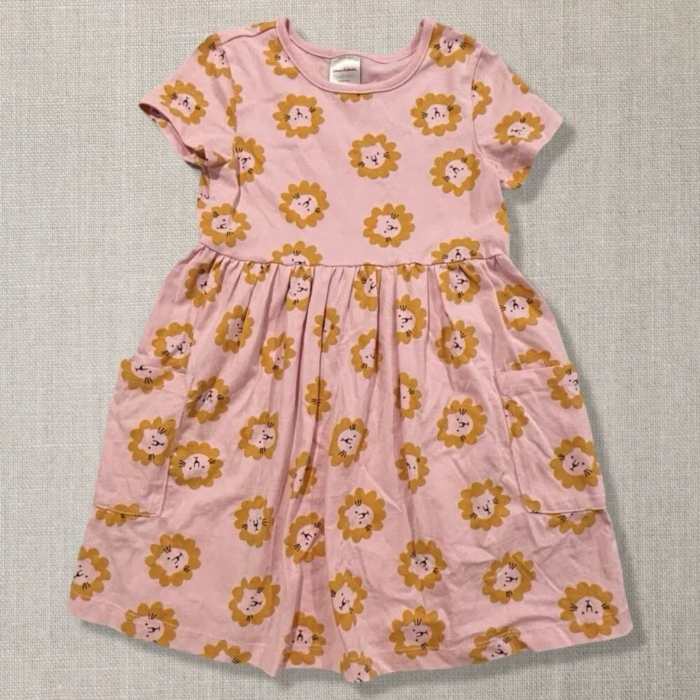 Hanna Andersson Frankie Lion Print Pocket Dress Pink Girls Size 5 - Picture 1 of 4